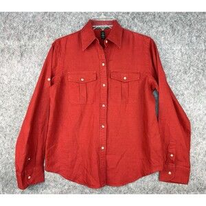 Lauren Ralph Lauren Women's Button Down Shirt Petite PS 100% Linen Red Roll Tab